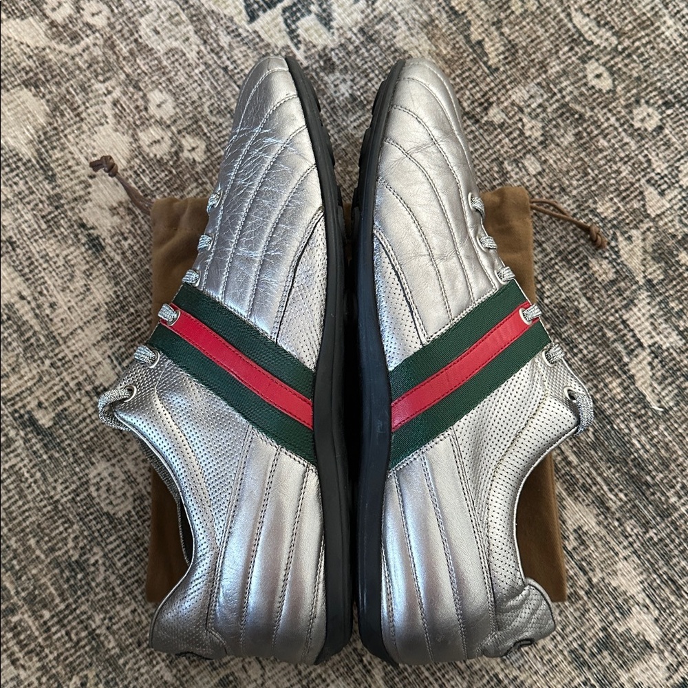 Gucci mens trainers 170576 silver web low top 10G - Picture 4 of 9